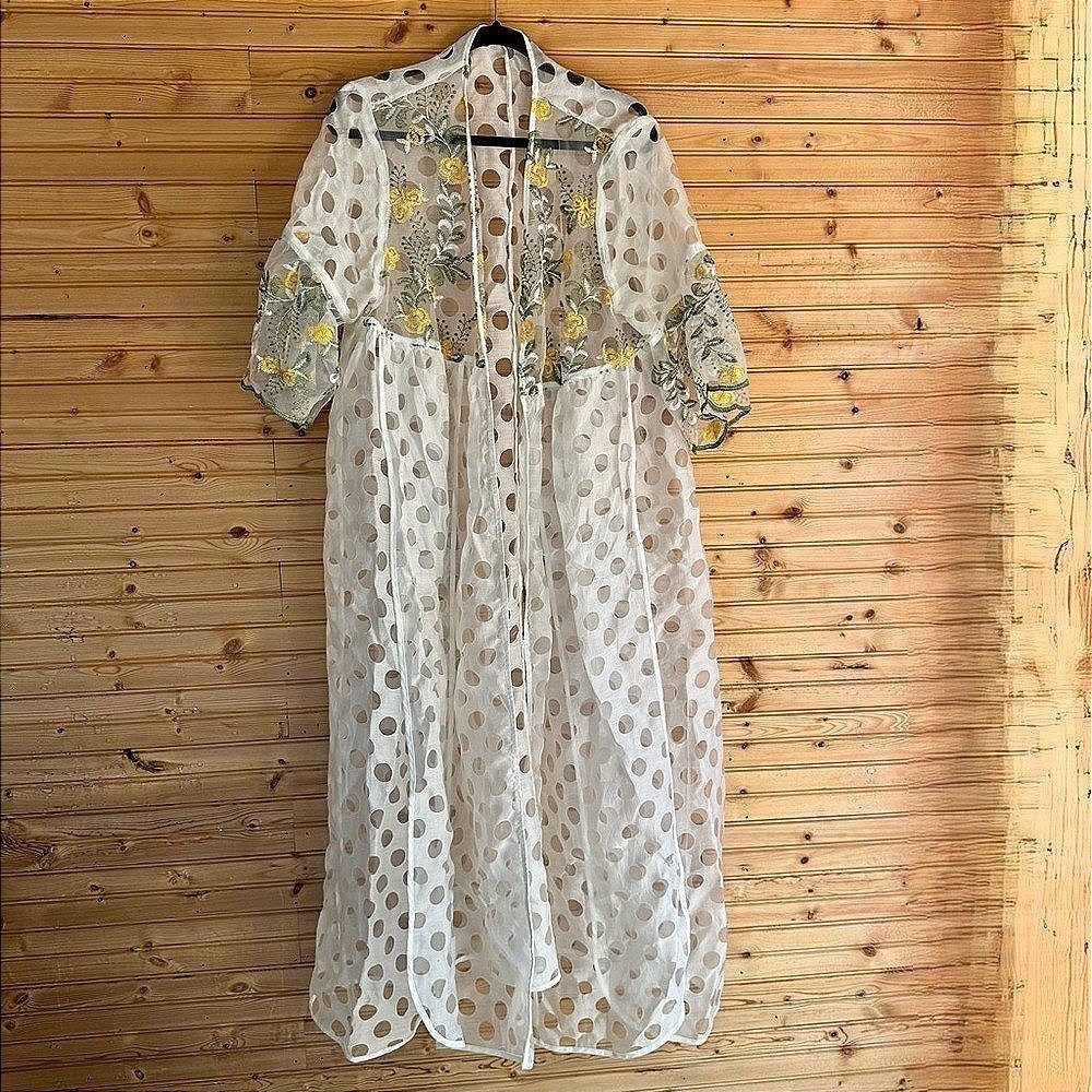 SHEIN Curve Swim Coverup Sheer White Polka Dots Yellow Embroidered Floral 3XL